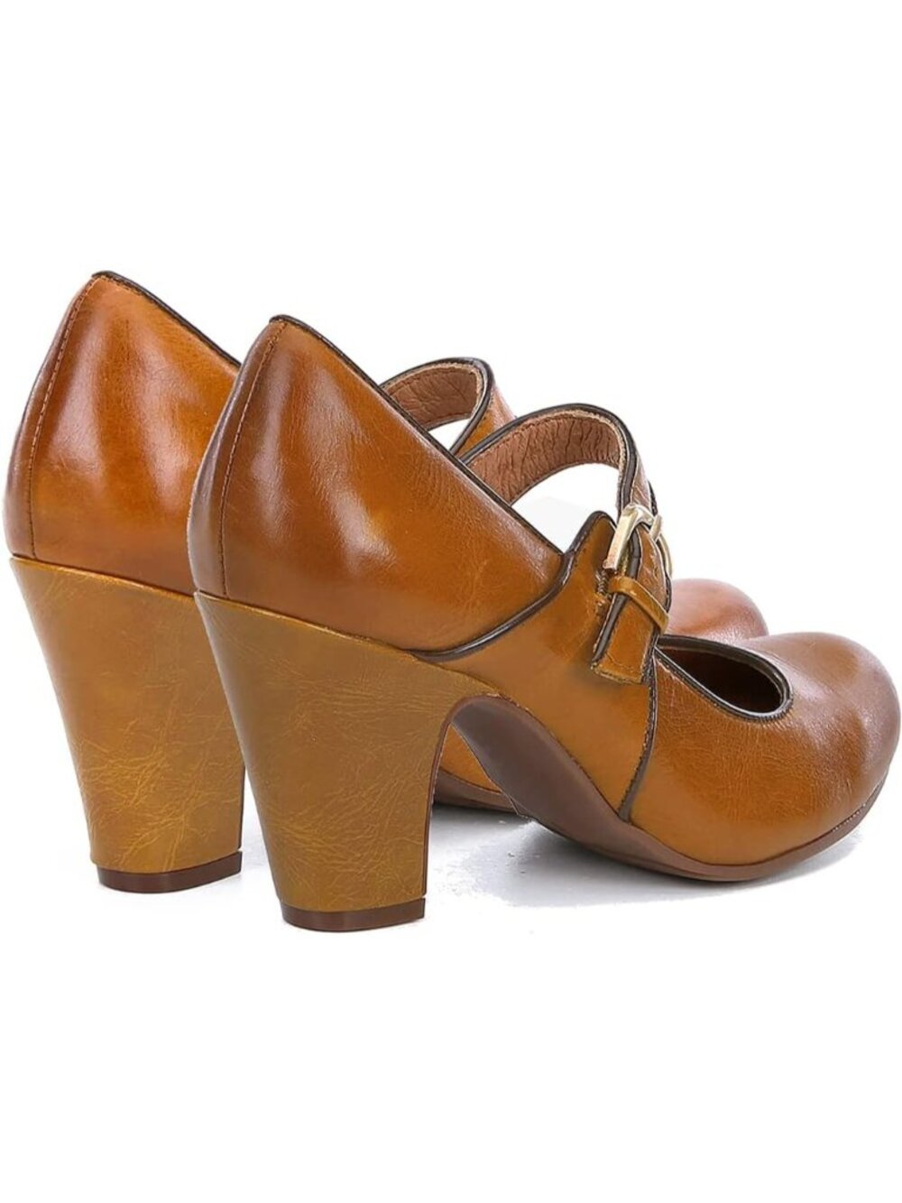 Women's Gold Vintage Chunky Round Closed Toe Ankle Strap Patchwork Buckle Pumps - Picture 5 of 7